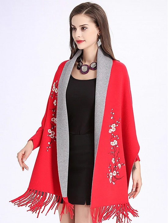 Cashmere Feeling Floral Embroidery Cape W/Sleeves